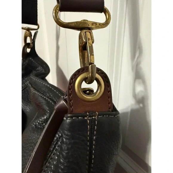 Fossil Black Leather Hobo Shoulder Bag Convertible Crossbody Brass Hardware